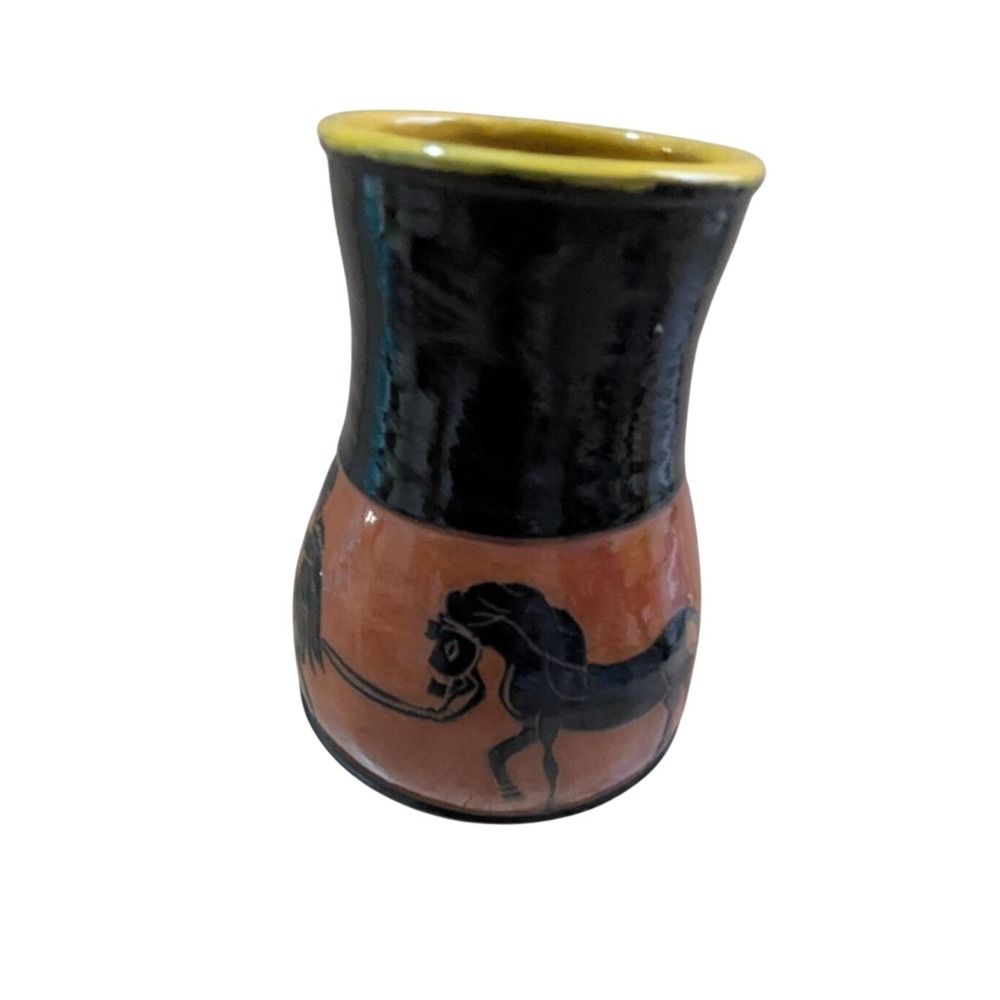Vintage 1974 Studio Pottery Vase Black Horse Yellow Rim Signed Benham?‎ 7"